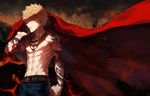  abs arm_at_side arm_tattoo bakugou_katsuki belt belt_buckle blonde_hair boku_no_hero_academia buckle cape cape_removed clenched_teeth cowboy_shot denim earrings fur_trim glint hand_up jeans jewelry looking_at_viewer male_focus muscle navel necklace open_mouth pants red_cape red_eyes shaded_face sheath sheathed shirtless smoke solo spiked_hair standing tattoo teeth weapon yukibi_(ykb) 