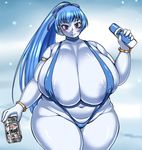  1girl akagi aoi_(gegege_no_kitarou) areola_slip areolae astraea13 beer blue_eyes blue_hair blue_skin blush breasts can cleavage erect_nipples fat gegege_no_kitarou gigantic_breasts hair_ribbon highres large_areolae long_hair looking_at_viewer matching_hair/eyes navel parted_lips plump ponytail ribbon sling_bikini smile solo sunscreen swimsuit thick_thighs thighs wide_hips yuki_onna 