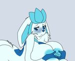  anthro areola big_breasts blue_eyes blue_fur blue_nose blush breasts eeveelution female fur glaceon huge_breasts knavesaga light_blue_fur nintendo nipple_grab nipples pok&eacute;mon pok&eacute;mon_(species) sad solo video_games 