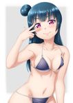  bangs bikini black_bikini blue_hair blush breasts collarbone covered_nipples hair_bun halterneck highres long_hair looking_at_viewer love_live! love_live!_sunshine!! medium_breasts navel purple_eyes sazanami_tarou side_bun smile solo string_bikini swimsuit tsushima_yoshiko v_over_eye 