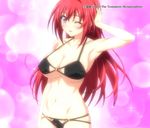  1girl bikini blush breasts cameltoe cleavage erect_nipples large_breasts long_hair looking_at_viewer naruse_mio navel red_eyes red_hair shinmai_maou_no_testament smile stitched underboob winking 