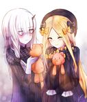  ^_^ abigail_williams_(fate/grand_order) bags_under_eyes bangs black_bow black_dress black_hat blonde_hair blush bow closed_eyes closed_mouth commentary_request dress eyebrows_visible_through_hair fate/grand_order fate_(series) hair_between_eyes hair_bow hat highres holding holding_stuffed_animal horn izumi_(beansprouto) lavinia_whateley_(fate/grand_order) long_sleeves multiple_girls orange_bow pale_skin parted_bangs pink_eyes signature sleeves_past_fingers sleeves_past_wrists smile stuffed_animal stuffed_toy teddy_bear wavy_mouth white_hair wide-eyed 