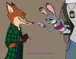  2017 alley anthro band-aid bandage bracelet canine clothed clothing collar disney ear_piercing english_text female fishnet fox fur hi_res holmssie jewelry judy_hopps lagomorph male mammal nick_wilde piercing plaid pointing_at_another police rabbit shirt simple_background spiked_bracelet spikes tank_top text tongue tongue_piercing waving zootopia 