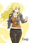  absurdres amputee blonde_hair breasts character_name cleavage clenched_hand groin hair_between_eyes highres jilu large_breasts long_hair midriff navel pants purple_eyes rwby solo spoilers tank_top thigh_gap white_background yang_xiao_long 