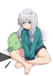  :o bangs bare_legs barefoot between_legs blush bow commentary_request eromanga_sensei eyebrows_visible_through_hair hair_bow hand_between_legs highres izumi_sagiri jacket long_hair looking_at_viewer low-tied_long_hair open_mouth purple_bow shooene sidelocks silver_hair simple_background soles solo stuffed_animal stuffed_octopus stuffed_toy stylus tablet white_background 