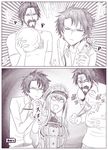  2boys alluring_chief_warden_look bdsm beard birii blank_eyes bondage bound breasts cheese cheese_wheel comic drooling drumming edward_teach_(fate/grand_order) facial_hair fate/grand_order fate_(series) food fujimaru_ritsuka_(male) greyscale hat long_hair medb_(fate)_(all) medb_(fate/grand_order) monochrome multiple_boys open_mouth peaked_cap sweat tears tied_up traumatized trembling uniform 