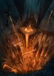  bridge castle demon gargoyle hell highres magic:_the_gathering molten_rock nikusenpai no_humans original scenery signature stalactite tower 