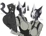  anthro big_breasts black_eyes black_fur black_hair blue_sclera breasts butt cat cigarette clothed clothing feline female freckles fur hair inner_ear_fluff j89092378 japanese_text mammal multicolored_hair pants shirt short_hair solo suspenders text translated white_hair 