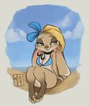  anthro astri_(reign-2004) bikini blonde_hair blue_eyes bottomless bow breasts brown_fur choker cleavage clothed clothing cloud female fur hair lagomorph mammal outside rabbit reign-2004 sea short_stack sky solo swimsuit tan_fur water 
