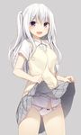  :d ass_visible_through_thighs blush bow bow_panties collared_shirt commentary_request copyright_request cowboy_shot eyebrows_visible_through_hair grey_background grey_skirt highres komeshiro_kasu long_hair looking_at_viewer open_mouth panties pleated_skirt purple_eyes shirt short_sleeves silver_hair simple_background skirt skirt_lift smile solo standing two_side_up underwear v-shaped_eyebrows vest white_panties white_shirt wing_collar yellow_vest 