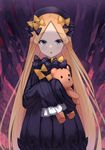  :o abigail_williams_(fate/grand_order) absurdres bangs black_bow black_dress black_hat blonde_hair blue_eyes bow bug butterfly commentary_request dress eyebrows_visible_through_hair fate/grand_order fate_(series) forehead hair_bow hat highres insect long_hair long_sleeves looking_at_viewer nagisa_(cxcx5235) object_hug orange_bow parted_bangs parted_lips polka_dot polka_dot_bow sleeves_past_fingers sleeves_past_wrists solo stuffed_animal stuffed_toy teddy_bear very_long_hair 