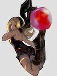  apple ass blonde_hair breasts dark_skin food fruit full_body gravity_daze kitten_(gravity_daze) long_hair looking_at_viewer medium_breasts open_mouth red_eyes sideboob solo torakichi_(kamima33) 