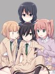  :d arm_grab bags_under_eyes black_hair blazer blonde_hair blush commentary girl_sandwich green_eyes green_neckwear hair_in_mouth hands_on_another's_shoulders harem holding_hands jacket kneeling kuroki_tomoko low_twintails messy_hair miso_(mimimiso) multiple_girls necktie nemoto_hina open_blazer open_clothes open_jacket open_mouth pantyhose pink_hair sandwiched school_uniform shaded_face simple_background sitting smile sweat sweater tamura_yuri twintails two_side_up uchi_emiri v_arms watashi_ga_motenai_no_wa_dou_kangaetemo_omaera_ga_warui! yuri |_| 