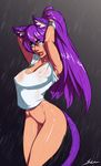  animal_humanoid big_breasts blue_eyes bottomless bracelet breasts cat cat_humanoid clothed clothing covered_nipples feline female hair humanoid jewelry karen_star lips long_hair looking_at_viewer mammal not_furry ponytail purple_hair pussy raining shirt smile solo svenners wet wet_shirt 