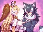  animal_ears between_breasts black_hair blonde_hair blue_eyes blush breast_grab breasts brown_eyes commentary_request fur_collar giraffe_ears giraffe_horns giraffe_print grabbing grey_wolf_(kemono_friends) hair_over_one_eye highres kemono_friends long_hair long_sleeves multicolored_hair multiple_girls necktie necktie_between_breasts reticulated_giraffe_(kemono_friends) shirt tsuki_wani white_hair white_shirt wolf_ears yuri 