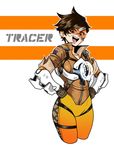  :d black_gloves bomber_jacket breasts brown_eyes brown_hair character_name collarbone cropped_legs eron eyebrows_visible_through_hair gloves goggles hands_on_hips harness head_tilt highres jacket looking_at_viewer medium_breasts open_mouth overwatch short_hair smile solo tracer_(overwatch) union_jack white_background 