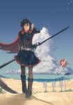  anonamos beach_umbrella bird black_hair blue_skirt boots cape capelet cloud crescent_rose cross-laced_footwear day highres lace-up_boots lolita_fashion no_symbol ocean pantyhose red_cape ruby_rose rwby sand seagull short_hair skirt smile umbrella water 