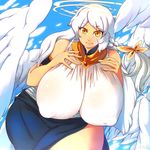  angel big_breasts blonde_hair braided_hair breasts clothed clothing dress feathered_wings feathers female hair halo hataraki_ari huge_breasts humanoid long_hair nipple_bulge not_furry slit_pupils smile solo thick_thighs white_hair wings 