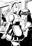  apron breasts cleavage closed_mouth commentary_request copyright_request eyebrows_visible_through_hair fingernails greyscale holding holding_tray large_breasts leg_garter long_hair maid maid_apron maid_headdress monochrome nanahime puffy_short_sleeves puffy_sleeves short_sleeves skirt smile solo tray twintails waitress wrist_cuffs 