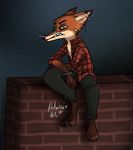  2017 alley anthro band-aid bandage bracelet canine clothed clothing disney ear_piercing fox fur holmssie jewelry male mammal nick_wilde piercing plaid shirt simple_background sitting solo spiked_bracelet spikes zootopia 