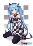 2017 absurdres bare_shoulders black_legwear blue_eyes blue_hair character_name checkered checkered_dress collar dress hatsune_miku highres long_hair looking_at_viewer nagisa_(cxcx5235) pantyhose sitting smile solo twintails very_long_hair vocaloid 