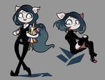  anthro blue_hair bottle cat claire_(the_summoning) discommunicator fangs feline female hair low_res makeup mammal multiple_images notched_ear open_mouth pentagram scroll smile solo the_summoning 
