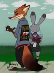  2017 absurd_res anthro band-aid bandage bracelet canine clothed clothing disney duo ear_piercing eyes_closed female fox fur heart_pattern hi_res holmssie jewelry judy_hopps lagomorph male mammal nick_wilde piercing plaid rabbit rear_view shirt smoking smoothie spiked_bracelet spikes tank_top zootopia 