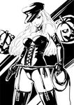  bare_shoulders breasts commentary_request copyright_request corset cowboy_shot dominatrix elbow_gloves garter_straps gloves greyscale hat jack-o'-lantern large_breasts long_hair looking_at_viewer mole mole_under_eye monochrome nanahime open_mouth panties side-tie_panties solo standing thighhighs underwear whip 