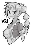  breasts chrono_cross commentary_request greyscale high_ponytail kid_(chrono_cross) long_hair looking_at_viewer medium_breasts monochrome multi-tied_hair ponytail rumie smile solo vest 