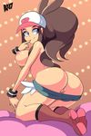  absurdres ass baseball_cap bigdead93 blue_eyes boots breasts breasts_outside brown_hair finger_to_mouth full_body half-closed_eyes hat highres kneeling looking_back nipples no_panties pokemon pokemon_(game) pokemon_bw ponytail pussy seductive_smile short_shorts shorts shorts_pull sideboob smile toon topless touko_(pokemon) wristband 