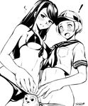  2girls bare_arms bare_shoulders bikini bird blush breasts commentary_request copyright_request crop_top dutch_angle embarrassed fingernails greyscale hat long_hair looking_down lowleg lowleg_panties medium_breasts monochrome multiple_girls nanahime navel open_mouth owl panties parted_lips school_uniform serafuku short_hair short_sleeves signature simple_background standing swimsuit underwear white_background wide-eyed 