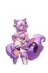  absurdres animal_ears arm_up armpits bare_shoulders blue_legwear blush breasts commentary dangerous_beast elbow_gloves fate/grand_order fate_(series) fur-trimmed_gloves fur-trimmed_legwear fur_collar fur_trim gloves hair_over_one_eye halloween_costume highres kneeling looking_at_viewer luciana1 mash_kyrielight medium_breasts navel o-ring o-ring_top parted_lips paw_gloves paws purple_eyes purple_gloves purple_hair purple_legwear revealing_clothes short_hair solo stomach tail wolf_ears wolf_tail 