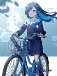  1girl ahoge alternate_costume bicycle bicycle_basket binchou_maguro black_hair black_serafuku black_shirt black_skirt black_socks blue_eyes blue_flower blue_hair blue_ribbon blue_rose blue_sailor_collar boutonniere branch cevio closed_mouth colored_inner_hair commentary_request dappled_sunlight diploma floating_hair flower full_body futaba_minato hair_ornament hairclip highres kneehighs lens_flare long_hair looking_ahead multicolored_hair neck_ribbon non-circular_lens_flare outside_border pleated_skirt ribbon riding riding_bicycle rose sailor_collar school_uniform serafuku shirt skirt smile socks solo sunlight swept_bangs tube two-tone_hair 