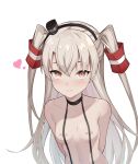  1girl absurdres amatsukaze_(kancolle) angao arms_behind_back bandaid bandaids_on_nipples black_choker black_hairband blush breasts chinese_commentary choker commentary_request eyebrows_hidden_by_hair grey_hair hair_tubes hairband heart highres kantai_collection long_hair naked_suspenders navel orange_eyes pasties small_breasts smokestack_hair_ornament solo suspenders two_side_up upper_body very_long_hair 