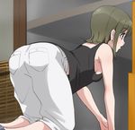  all_fours ass bare_arms bare_shoulders black_vest breasts brown_eyes brown_hair capri_pants eyebrows_visible_through_hair from_behind haruyama_kazunori hayashida_airi looking_away mole open_mouth pants pocket profile short_hair sleeveless small_breasts solo vest wake_up_girls! white_pants 