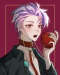  1boy absurdres apple black_shirt chinese_commentary collar collared_shirt commentary_request earrings food fruit highres holding holding_food holding_fruit jewelry kyoko_(akakikyoko) leash long_sleeves male_focus multicolored_hair open_clothes open_mouth open_shirt pink_hair purple_hair red_collar red_eyes saibou_shinkyoku shirt short_hair solo theodore_riddle 