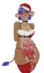 absurd_res anthro blue_hair bovid bovine cattle christmas christmas_clothing christmas_headwear chubby_female clothing cowbell genitals gummyfishowo hair hat headgear headwear herm hi_res holidays intersex mammal penis santa_hat solo teats torn_clothing udder_breasts udders vein veiny_penis