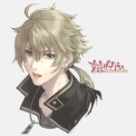  1boy ahoge black_coat blonde_hair coat collared_coat commentary_request ear_piercing green_eyes hair_between_eyes irise_ryouji jewelry low_ponytail male_focus medium_hair necklace open_mouth piercing portrait simple_background solo takahata_shiou tokyo_xanadu translation_request white_background 