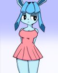 anthro berryjuuce blue_body breasts canid clothed clothing digital_media_(artwork) dress eeveelution female generation_4_pokemon glaceon hi_res mammal nintendo pokemon pokemon_(species) simple_background solo topwear