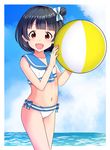  ball beachball bikini black_hair blush brown_eyes idolmaster idolmaster_million_live! looking_at_viewer momoda_yasuhito nakatani_iku open_mouth sailor_bikini sailor_collar sailor_swimsuit_(idolmaster) short_hair side_ponytail smile solo swimsuit 