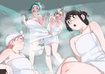  4girls ahoge akashi_(kancolle) alternate_costume bare_shoulders barefoot bathing black_hair breasts cleavage commentary_request feet full_body green_eyes green_hair grey_hair hair_bun irako_(kancolle) kantai_collection kinugasa_(kancolle) long_hair multiple_girls naked_towel ojipon ooyodo_(kancolle) open_mouth pink_hair short_hair small_breasts steam towel towel_on_head visible_air 