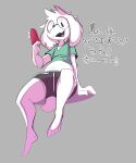 anthro astralkettei bovid caprine clothed clothing deltarune english_text eyewear food fur glasses goat grey_background hi_res holding_food holding_object holding_popsicle horn humor male mammal open_mouth popsicle pun ralsei simple_background solo text undertale_(series) white_body white_fur