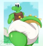 absurd_res anthro backpack big_diaper clean_diaper croc croc:_legend_of_the_gobbos crocodile crocodilian crocodylid diaper extremius_amphibious hi_res holding_backpack looking_at_viewer looking_back looking_back_at_viewer male rasied_tail reptile scalie smile solo thick_thighs