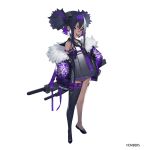  1girl amoeba_yuanchong armlet ash_arms black_hair black_sailor_collar black_thighhighs blue_skirt cube_hair_ornament dragon_print fangs flats full_body fur-trimmed_jacket fur_collar fur_trim hair_ornament headband highres jacket looking_at_viewer multicolored_hair n1k_shiden_(ash_arms) off_shoulder open_clothes open_jacket open_mouth pink_hair pleated_skirt purple_hair purple_headband purple_jacket purple_ribbon ribbon sailor_collar sharp_teeth short_eyebrows short_twintails simple_background single_thighhigh skirt solo sword sword_on_back teeth thighhighs twintails weapon weapon_on_back white_background 
