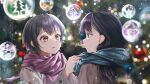  2girls absurdres adjusting_another&#039;s_clothes adjusting_scarf bang_dream! bang_dream!_it&#039;s_mygo!!!!! big_dipper bird blue_scarf blurry bokeh brown_hair christmas_ornaments coat constellation depth_of_field grey_hair heart highres light_blush long_hair looking_at_another mole mole_under_eye multiple_girls parted_lips penguin pentagram pink_eyes pink_scarf purple_eyes raito_taisha scarf shiina_taki short_hair smile star_(symbol) takamatsu_tomori translation_request winter_clothes winter_coat yuri 