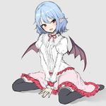  alternate_costume bat_wings black_legwear blue_hair commentary frills grey_background juliet_sleeves junior27016 long_sleeves looking_at_viewer neck_ribbon no_hat no_headwear no_shoes open_mouth pink_skirt pointy_ears puffy_sleeves red_eyes red_neckwear red_ribbon remilia_scarlet ribbon seiza shirt simple_background sitting skirt smile solo thighhighs touhou white_shirt wings 