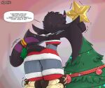 anthro big_butt biped bottomwear breasts butt christmas christmas_tree clothed clothing dialogue dragon english_text female genitals hi_res holidays legwear membrane_(anatomy) membranous_wings plant pussy pussy_floss rear_view roadiesky skirt speech_bubble text thick_thighs thigh_highs tree wings