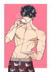  1boy bare_arms bare_pectorals black_hair blue_eyes border cowboy_shot cup drinking earrings genshin_impact grey_hair hand_up holding holding_cup holding_saucer jewelry kanapy looking_to_the_side male_focus messy_hair multicolored_hair pectorals pink_border red_shorts saucer scar scar_on_arm scar_on_cheek scar_on_face scar_on_neck scar_on_shoulder scar_on_stomach short_hair shorts solo standing stud_earrings teacup toned topless topless_male white_background wriothesley_(genshin_impact) 