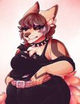 anthro bare_shoulders belly big_belly breasts brown_hair canid canine clothing collar female fox fur fur_tuft goth hair hand_on_belt hi_res highlights_(coloring) mammal monsterbetch orange_body orange_fur overweight overweight_anthro overweight_female purple_highlights schopenhauer simple_background solo spiked_collar spikes studded_belt topwear torn_clothing torn_topwear trans_(lore) trans_woman_(lore) tuft unimpressed wide_hips