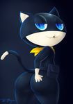  :3 anthro bedroom_eyes big_butt black_background blue_eyes butt cat fangs feline half-closed_eyes looking_back male mammal megami_tensei morgana_(persona) neckerchief persona persona_5 pouch seductive simple_background sirredbenjamin solo 